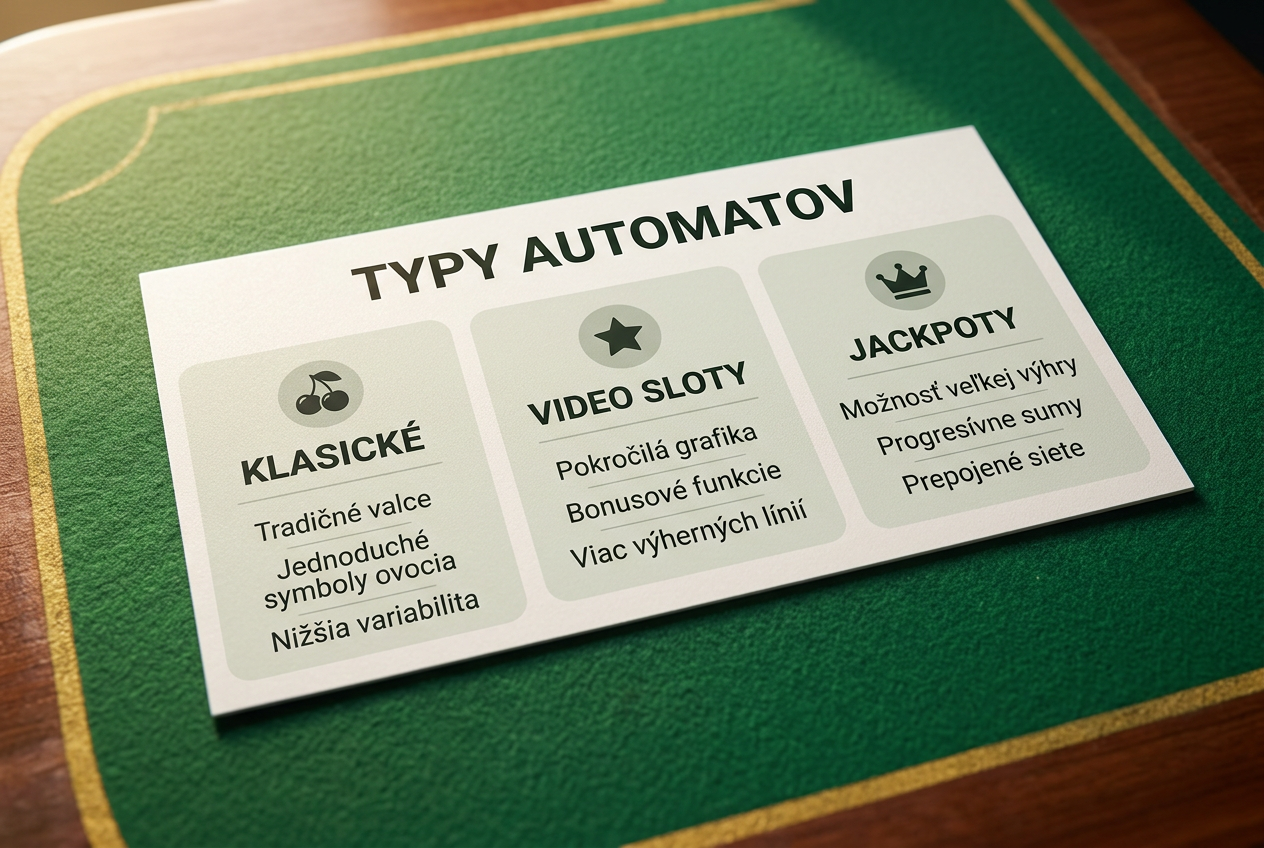 Infografika porovnávajúca typy online automatov: klasické, video sloty a jackpoty.
